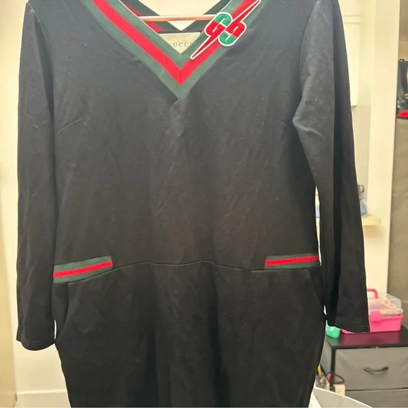 Gucci Black V-Neck Top with Red and Green Web Trim - Picture 1 of 5